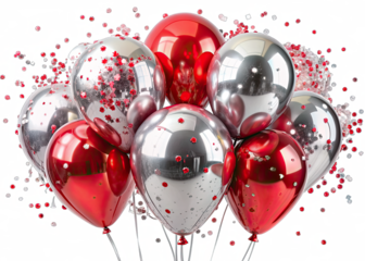 A group of glossy red and silver latex balloons are arranged in a cluster on a white background, with scattered confetti surrounding them