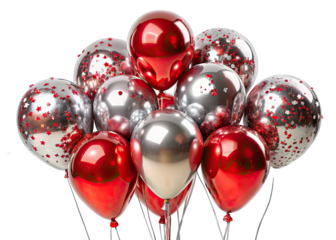 A close-up of a bunch of red and silver metallic latex balloons filled with red and silver confetti