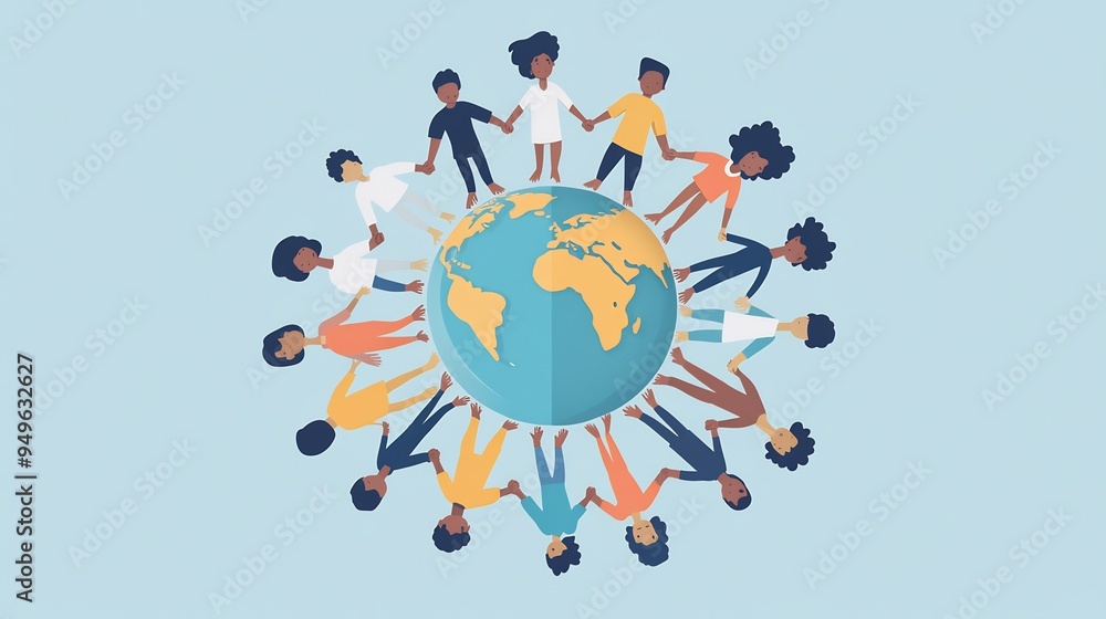 Poster vector of a diverse group of people holding hands around the globe symbolizing global unity and coop