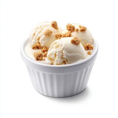 vanilla ice cream with crushed cookies, served in a white porcelain dish.