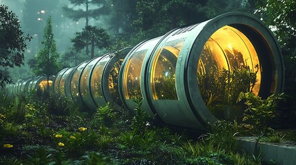 Fototapeta premium Circular futuristic pods rest in a lush forest, blending advanced technology with nature�s tranquility.