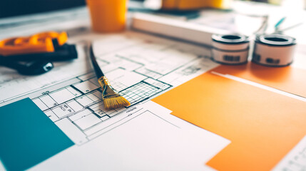 Architectural drawing design plan blueprint on the table in the home office. Architect's work on table in studio. for building construction plan