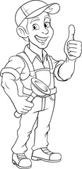 A plumber handyman plumbing construction cartoon mascot man holding a drain plunger tool.