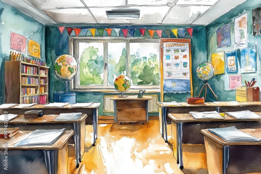 Poster a vibrant classroom filled with colorful decorations, globes, and desks, creating an inviting learni
