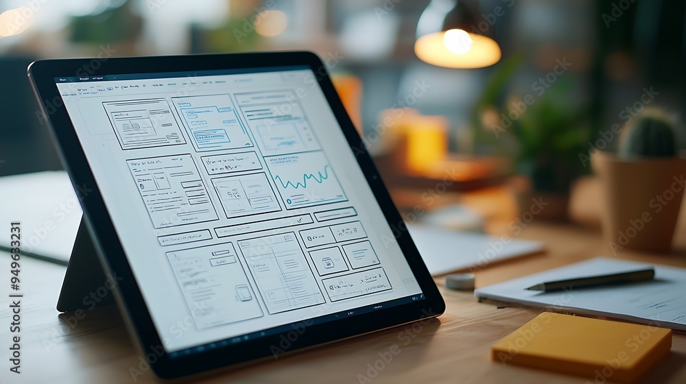 Poster a modern workspace comes to life with web design sketches on a tablet, merging creativity with techn