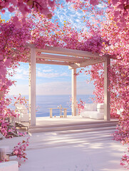 Landscape of a courtyard covered with beautiful bougainvillea, gorgeous sea view