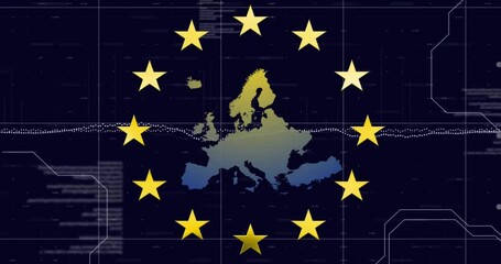 European Union stars animation over map of Europe with data processing elements - Powered by Adobe