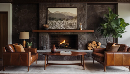 Modern Living Room with Fireplace Leather Armchairs and Mountain View