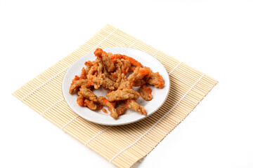 Crispy Fried Oyster Mushroom or Jamur Krispi. Oyster Mushroom Coated with Spiced Flour and Deep Fried. isolated on white
