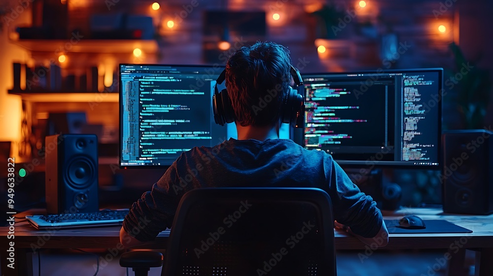 Aufkleber late night coding in a home office reflects the dedication of a programmer immersed in the digital w