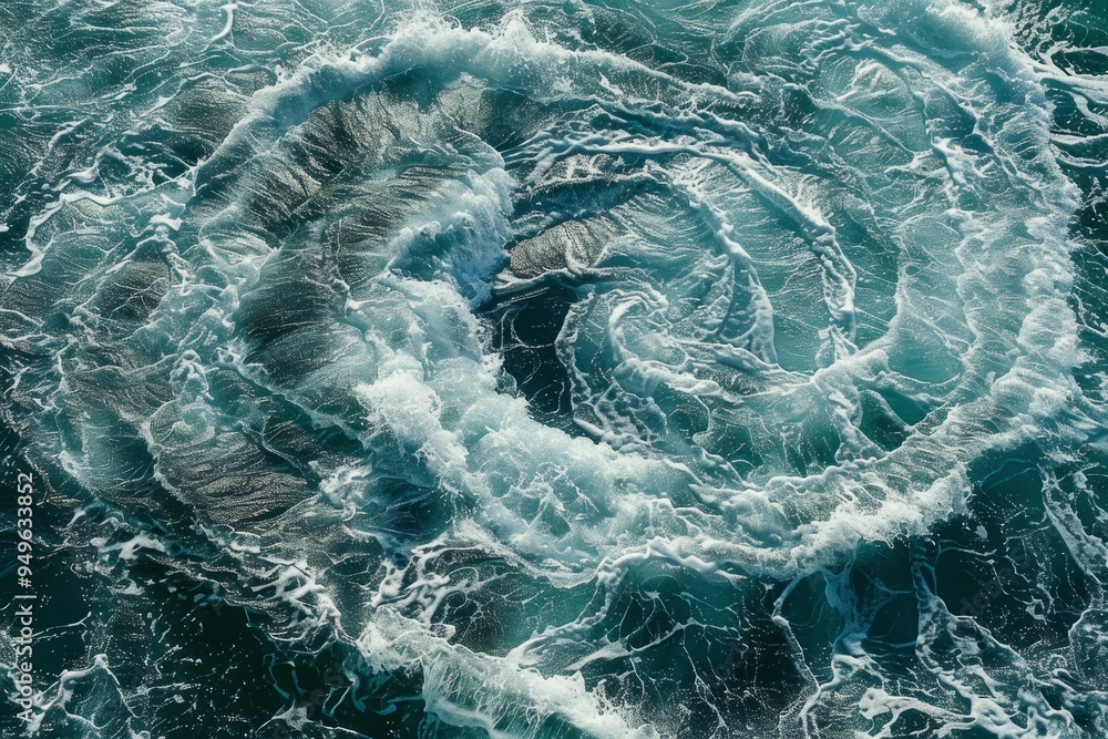 Poster a view from above showing the motion of ocean waves and swirling patterns caused by the waters movem