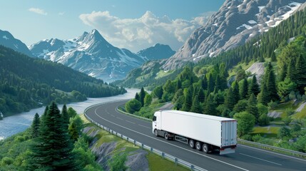 A scenic view of a truck traveling on a winding road through beautiful mountains and lush greenery, ideal for transportation themes.