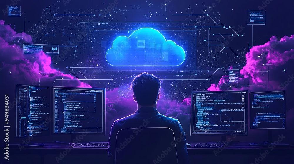 Poster digital technology, cybersecurity, and coding converge in a workspace focused on cloud computing.
