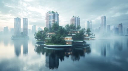 Fototapeta premium Eco-friendly floating city skyscrapers with green rooftops reflect in the surrounding water, showcasing sustainable innovation.