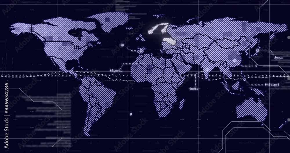 Sticker world map with highlighted countries and data points animation over dark background