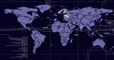 World map with highlighted countries and data points animation over dark background