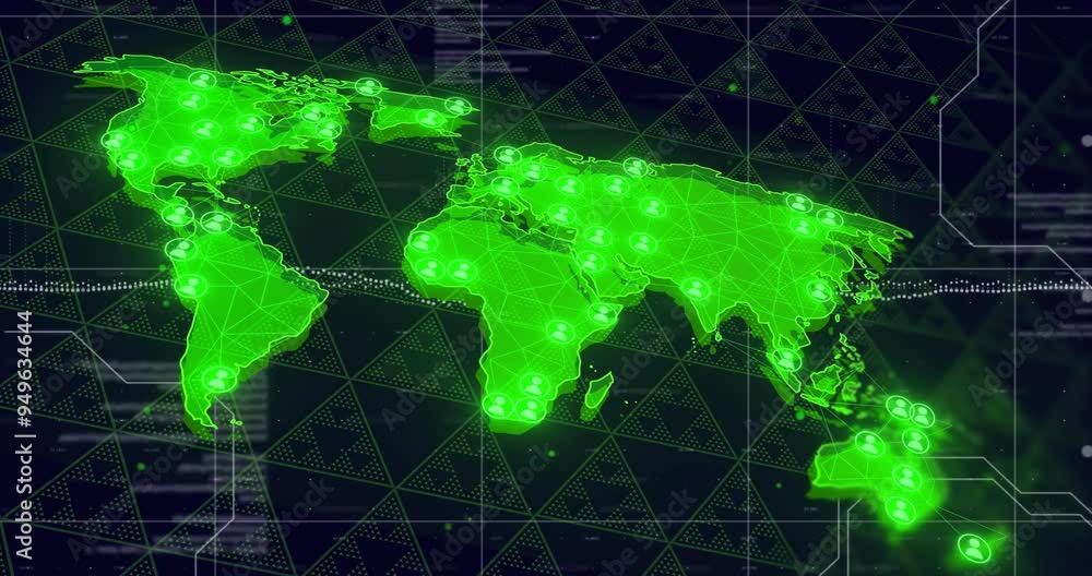 Poster global network connections animation over world map with green nodes