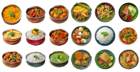 Assorted Asian dishes in bowls isolated on transparent background