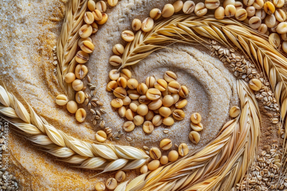 Poster detailed view of a bunch of grains arranged on a table in swirling patterns, swirling patterns of gr