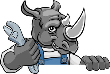 A rhino cartoon animal mascot plumber, mechanic or handyman builder construction maintenance contractor peeking around a sign holding a spanner or wrench