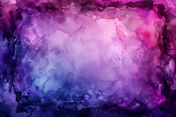 Fototapeta premium Dark violet frame from vintage line art elements on Watercolor paint abstract multicolored gradient Background. Light purple and lilac blob and Spot texture. Watercolour Backdrop of Spots for