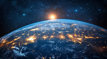 Obraz premium City lights and stars shine on Earth from space, a glowing marvel of our interconnected world.