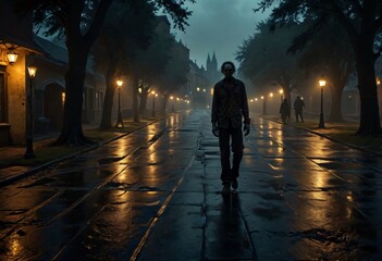 A deserted street with flickering streetlights and a single zombie dragging its feet through the darkness, with shadows stretching ominously across the pavement. The image is captured from a wide-angl