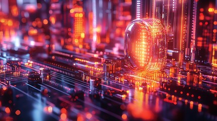 Obraz premium Abstract technology comes alive with glowing circuit boards, lights, and flowing digital data.