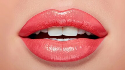Obraz premium Close-up of beautifully painted lips in a soft peach hue, showcasing a glossy finish and perfect dental alignment.