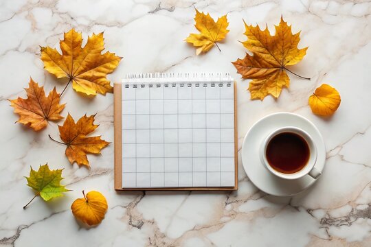 minimalistic composition featuring blank november calendar page on white marble table top surrounded by scattered fall leaves and empty coffee cups
