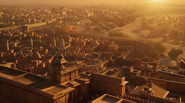 Aerial view of ancient Indian cityscape during celestial event rooftops adorned astronomical instruments and scholars gathered to observe the phenomenon The citys layout aligns with celestial patterns