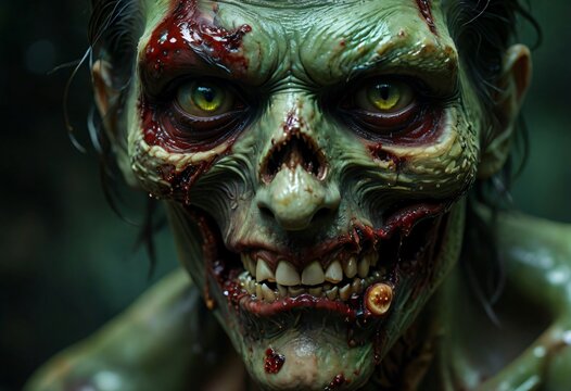 A close-up shot of a zombie face with decaying skin, sunken eyes, and a half-open mouth, revealing bloodstained teeth. The image is taken from a frontal angle, focusing on the terrifying features of t