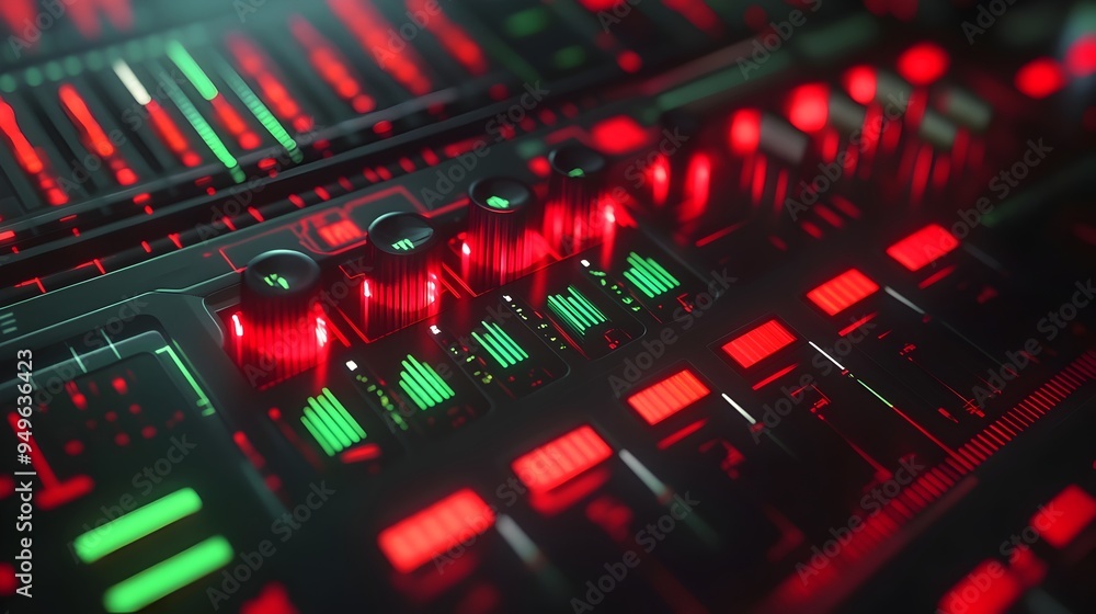 Poster digital dashboard with risk analysis indicators in red and green colors