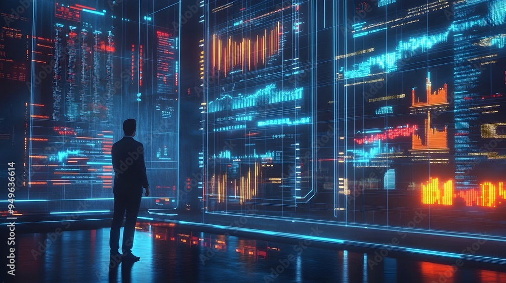 Poster market analysis and business insights with holographic data visualization