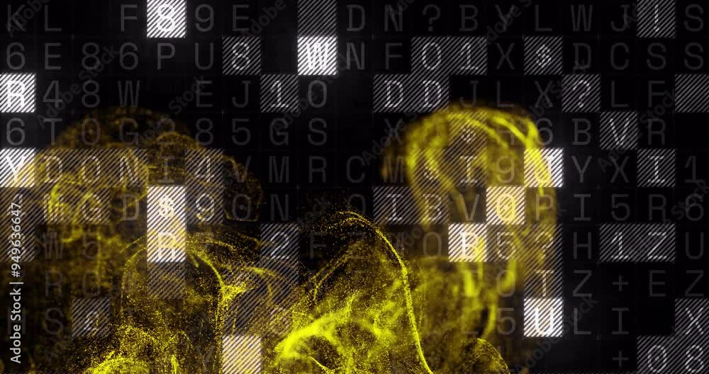 Poster yellow particle waves animation over alphanumeric code background