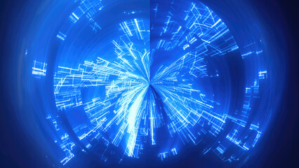 Abstract digital glowing vibrant blue light frame vortex creating a tunnel-like effect hi-tech abstract background