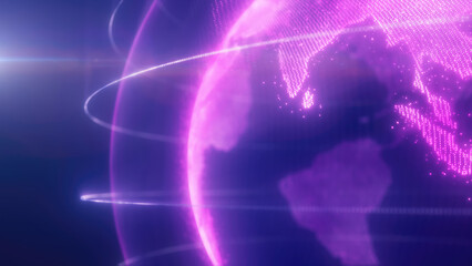 A digital representation of purple Earth with glowing lines encircling the planet, highlighting global connectivity and technology