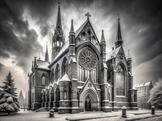 Majestic snow-covered cathedral with stained glass windows, ornate architecture, and misty atmosphere, conveying grandeur and serenity, photographed in high-contrast black and white.