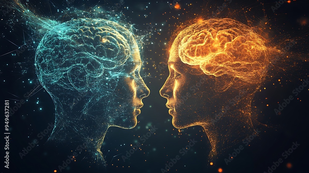 Poster an abstract digital brain connection symbolizes love, linking emotions with technological networks.