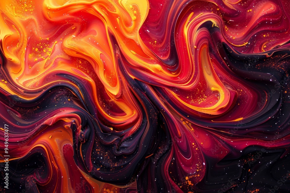 Wall mural Abstract painting featuring fiery red, sunny yellow, and deep blue colors in swirling tendrils, Swirling tendrils of fiery red and orange intertwining