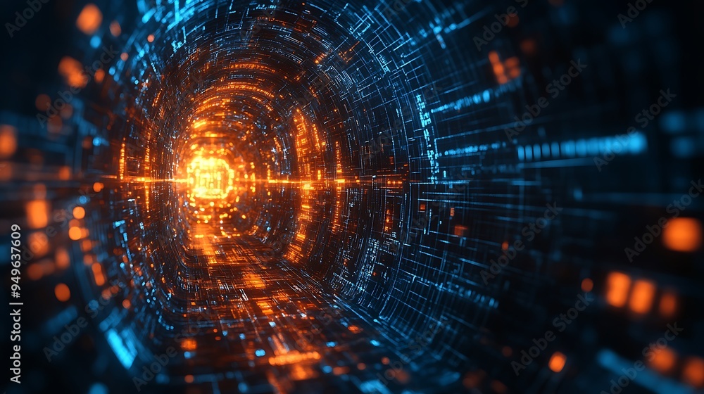 Poster a futuristic tunnel pulses with swirling orange and blue lights, creating a mesmerizing pathway that