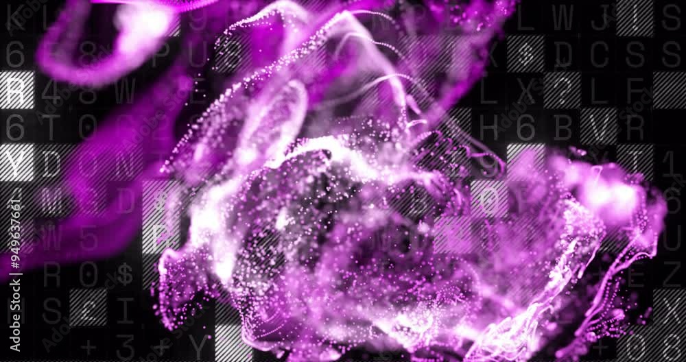 Wall mural purple and white particle waves animation over black background with letters and symbols