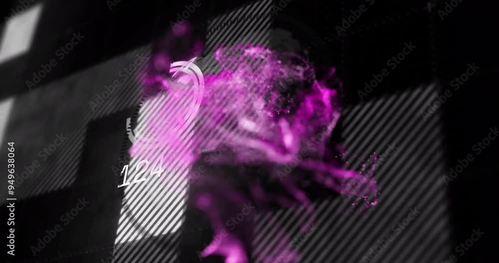 Poster abstract purple particles and circular progress bar animation over dark background with number 142