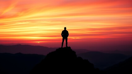 Obraz premium Silhouetted Figure Standing Triumphantly on Mountain Top Amidst a Breathtaking Sunset and Vibrant Skies