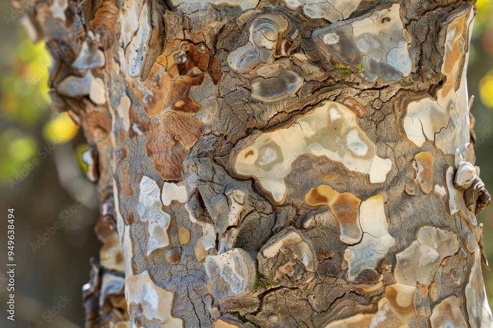 Poster detailed view of the irregular and organic texture of a sycamore tree trunk, sycamore tree trunk fea