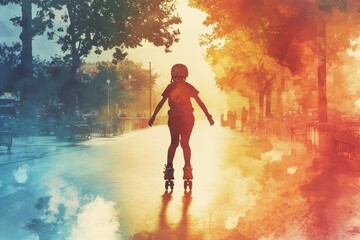 Obraz premium A young person rollerblading on vibrant street, surrounded by colorful trees and warm atmosphere. scene captures sense of freedom and joy.