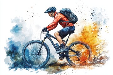 A student rides bicycle through colorful landscape, showcasing energy and movement. vibrant splashes of color enhance dynamic scene.