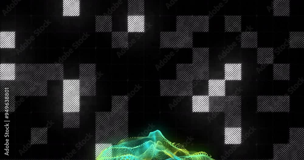 Poster colorful wave animation over pixelated black and gray grid background