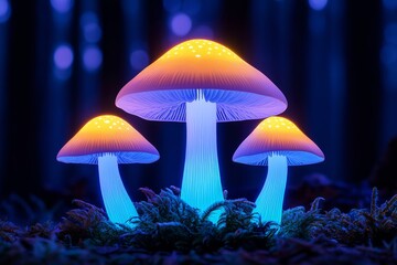 Fototapeta premium Enchanting illuminated mushrooms glow in a mystical forest setting, creating a captivating natural wonder.