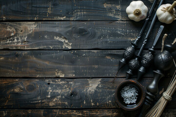 Copy Space by Kit Cazavampiros depicting traditional vampire slaying items such as garlic, holy water, and wooden stakes for Halloween